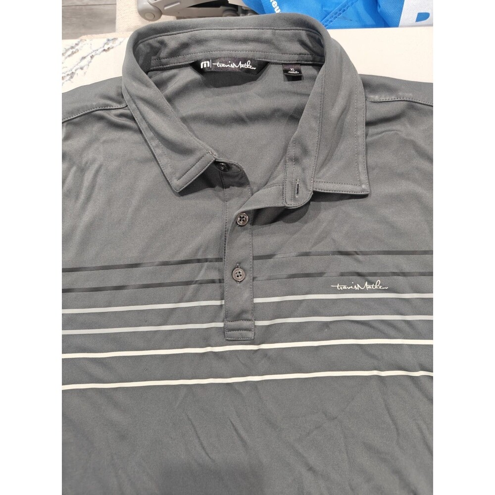 Travis Mathew Short Sleeved Gray Striped Performance Polo Golf Polyester Mens XL